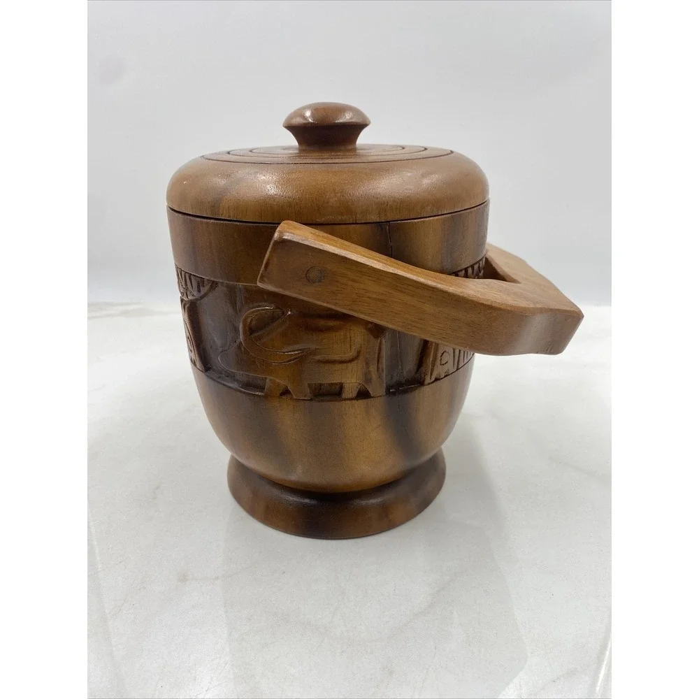 Vintage Ice Bucket Teak Wood Hand Carved VILLAGE Made in Philippines HANDLE